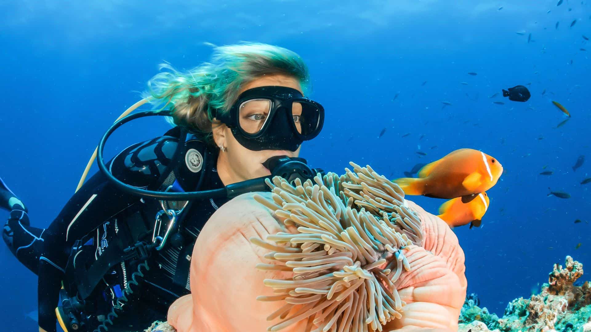 Scuba diving in Halkidiki, Sithonia or Kassandra. Woman enjoyong underwater world
